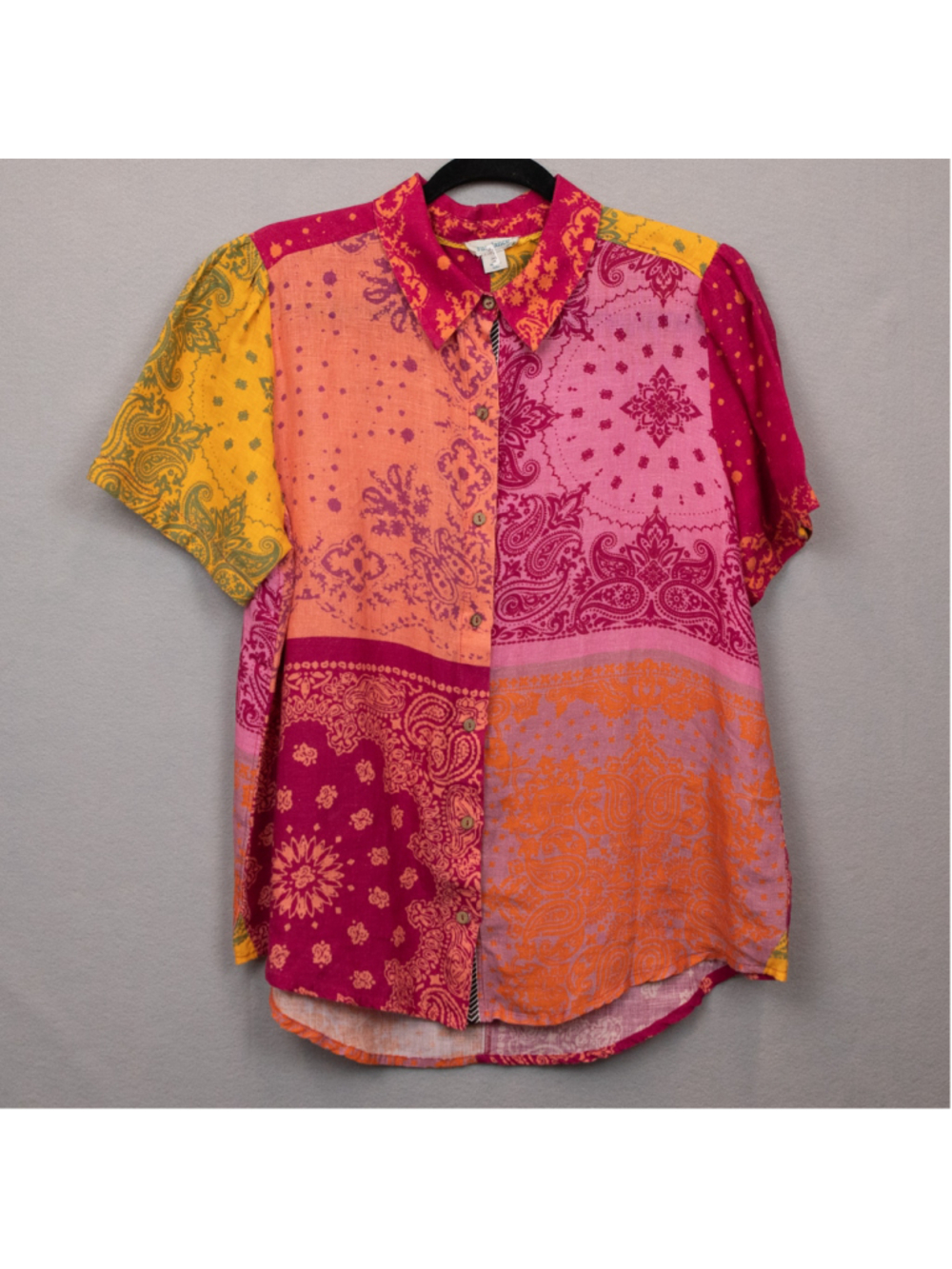 Sundance Mixed Tales Bandana patchwork linen button down top-M